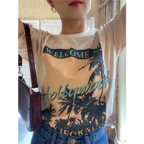 Welcome To California Vintage Beach Holiday Women Tshirt Khaki 100% Cotton Causal Short Sleeve Tops 2021 Summer Aesthetic Tees