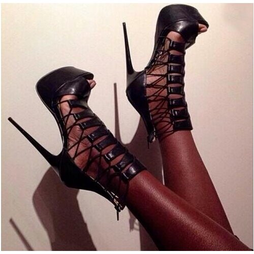 Hot Selling High Quality Black Leather Peep Toe Cut-out Cross Strap High Heel Pumps Back Zipper Strappy Pumps Gladiator Boots