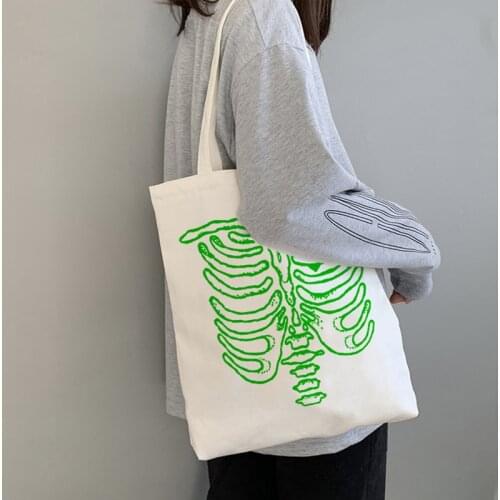 Skeleton Printed Gothic Style Canvas Shopper Bag Large Capacity Womens Bag Harajuku 90s Aesthetics Vintage Shoulder Y2k Handbag