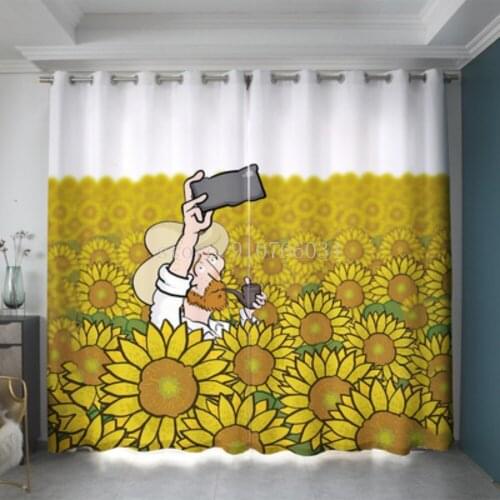 Van Gogh Cartoon Famous Painting Curtain Funny Graffiti Shading Dustproof Custom Boy Living Room Bedroom Ring Hook Bay Window