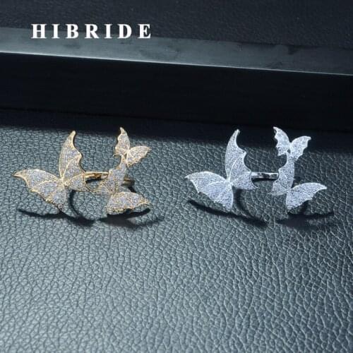 HIBRIDE New Butterfly Shape Mirco CZ Pave Adjustable Rings for Women Jewelry White Gold Color Ring Anillos Mujer Wholesale R-268