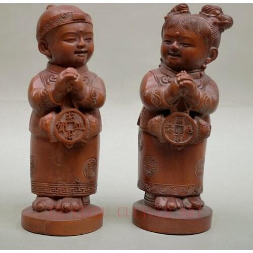 YIZHU CULTUER ART Collection China Old Boxwood Hand Carved young boys and girls Statue Family Decoration