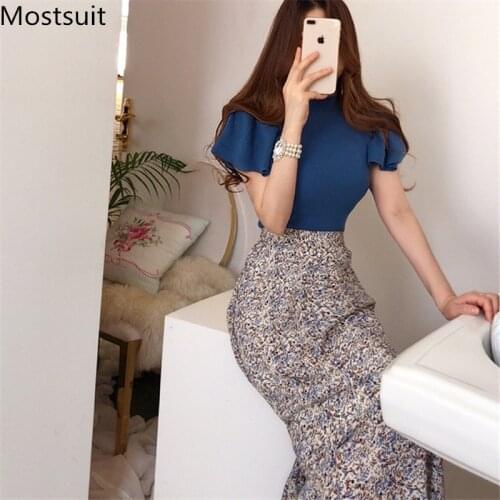 2020 Summer Korean Fashion Two Piece Skirt Sets Women Blue Knitted Tops + Elastic Waist Printed Long Skirt Vintage Elegant Suits