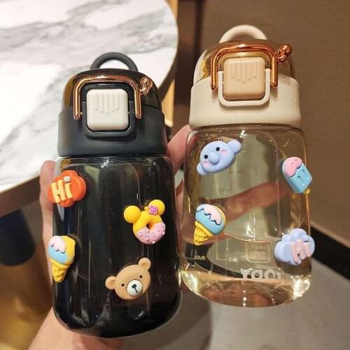 Summer Outdoor Portable Plastic Cup Female Student Children Cute Anti-fall Sports Cup Cartoon Sticker with Scale Water Bottle