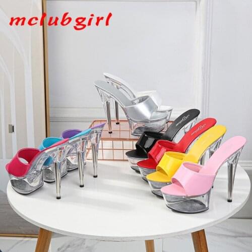 Mclubgirl Patent Leather Extra High Heels, Thin Heels, Sexy Waterproof Platform, Super High Slippers, Womens Summer LFD