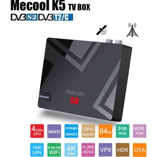 Mecool K5 Smart TV BOX Satellite TV Rceiver DVB T2/S2/C Combo Set Top Box Android 9.0 Amlogic S905X3 CPU 2.4G/5G WIFI