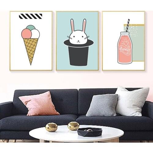 Kawaii Cartoon Animal Rabbit Poster Ice Cream Sweet Soda Canvas Painting Wall Art Picture for Kids Bedroom Home Decoration