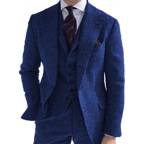 Autumn And Winter 3 Pieces Mens Suits Business Retro Classic Groom Tweed Wool Tuxedos For Wedding Men Suit (Blazer+Pants+Vest)