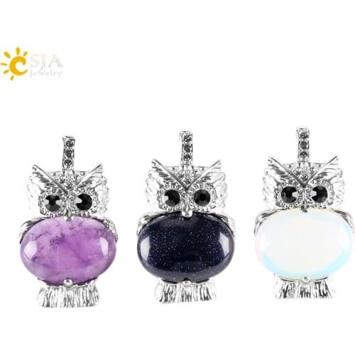 CSJA Natural Stone Cute Owl Animal Pendants for Necklaces White Crystal Pink Quartz Opal Lapis Lazuli Beads Reiki Jewellery E284