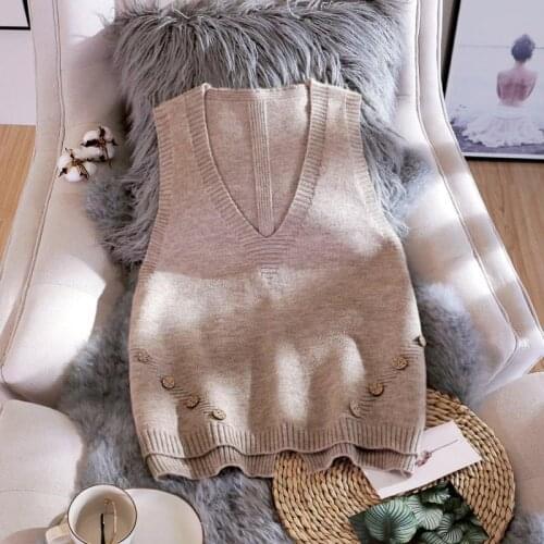 2021 spring and autumn new Korean version of the vest V-neck button loose sleeveless solid color knitted sweater all-match