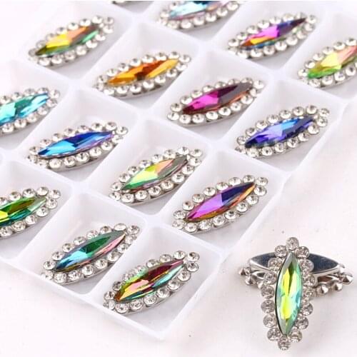 Rainbow glass crystal with rhinestones Slim navette shape in Silver claw settings 4*15mm Sew on rhinestone wedding dress diy