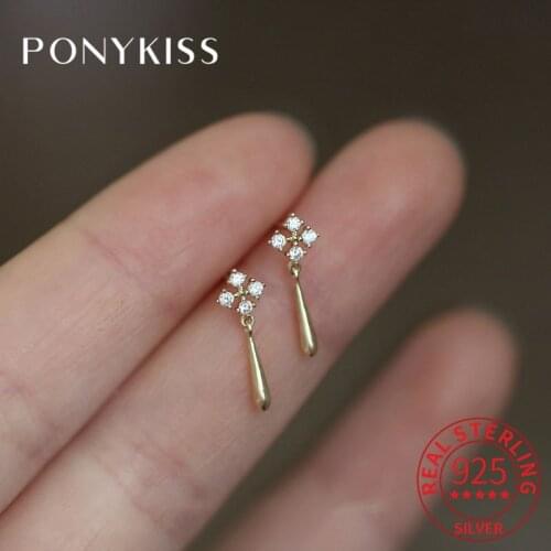 PONYKISS 100% S925 Sterling Silver Flower Water Drop Zircon 14K Gold Stud Earrings For Women Trendy Fine Jewlry Drop Shipping