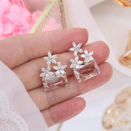 Korea New Design Fashion Jewelry 14K Real Gold plating Zircon Flower Square Glass Earrings Elegant Womens Wedding Earrings