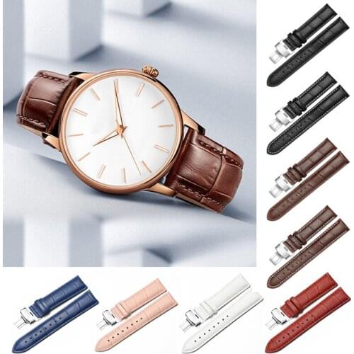 Universal Watch Band Strap Butterfly Buckle Band Steel Buckle Strap Genuine Leather Brown Black Watchbands Bracelet