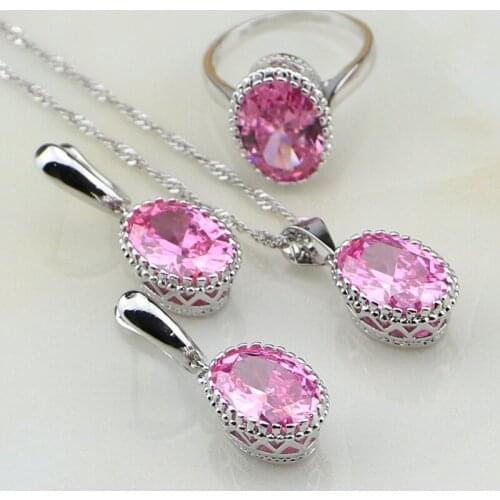 Crown 925 Sterling Silver Jewelry Cute Pink Cubic Zirconia Jewelry Sets For Women Engagement Earring/Pendant/Necklace/Ring