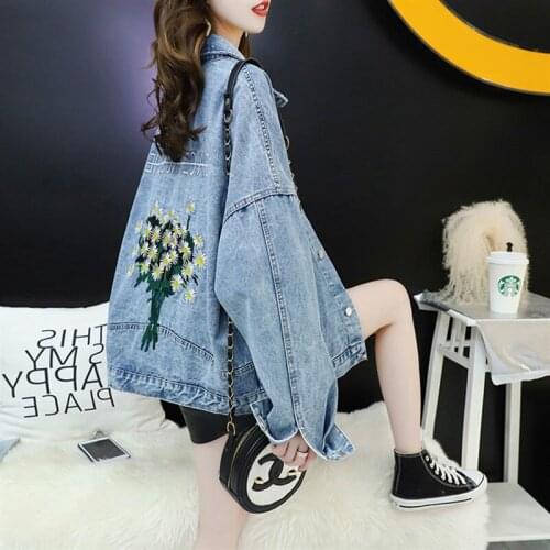 Women Jacket Embroidery Daisy Denim Coat Female Long Sleeve Loose Jean Spring Autumn Outfit All-match Plus Size Short Clothes