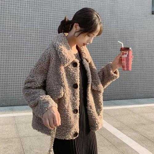 Women Winter Short Lambwool Jacket Coat Single Breasted Turn-down Collar Overcoat Full Sleeve Thick Outwear
