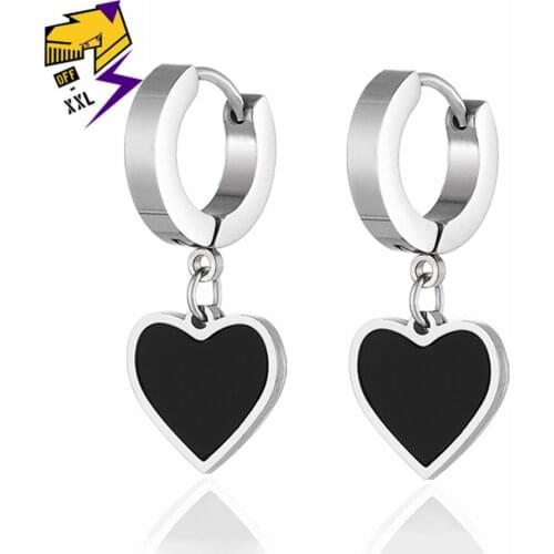 Silver Stainless Steel Heart Womens Earrings Black Enamel Hanging Drop Earrings Cute Ear Circle Dangle Earring Jewelry