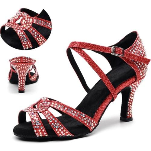 Woman Rhinestion Latin Dance Shoes Red Bachata Salsa Dancing Shoes for Wedding Party Sandals for Women Girls Ballrrom Dance Shoe