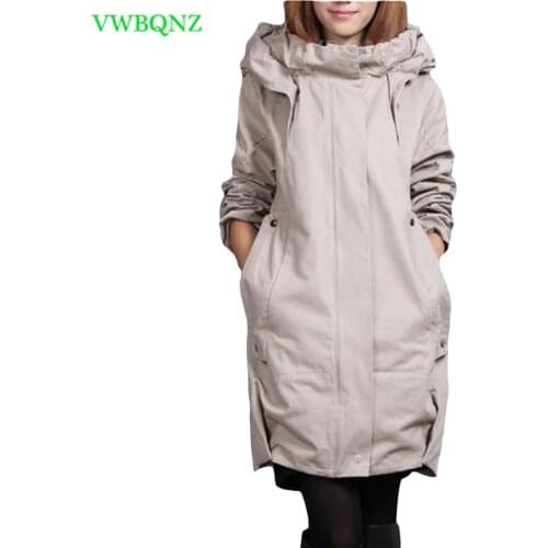Plus size Windbreaker coat Women Add Cotton Loose Long Trench coats Womens Korean Casual Hooded Cardigan Gray Overcoats A217