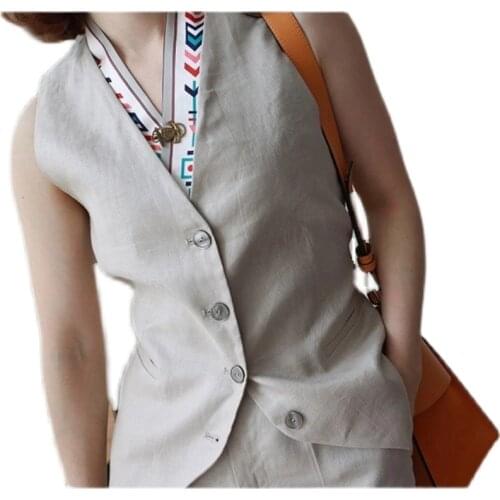 Womens Suit Vest Jacket V Neck Solid Khaki Dark Blue Linen Cotton Short Vest Thin Korean Slim-Fitting For Casual Clothing 2021
