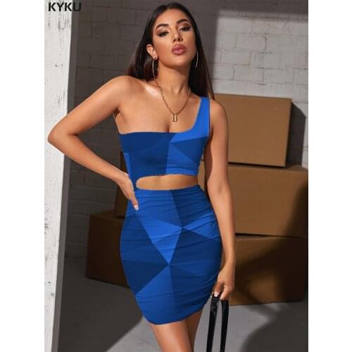 KYKU Dark Blue Dress Women Cube Halter Sleeveless Geometry Bodycon Dress Womens Clothing Party Short Korean Style Fashion