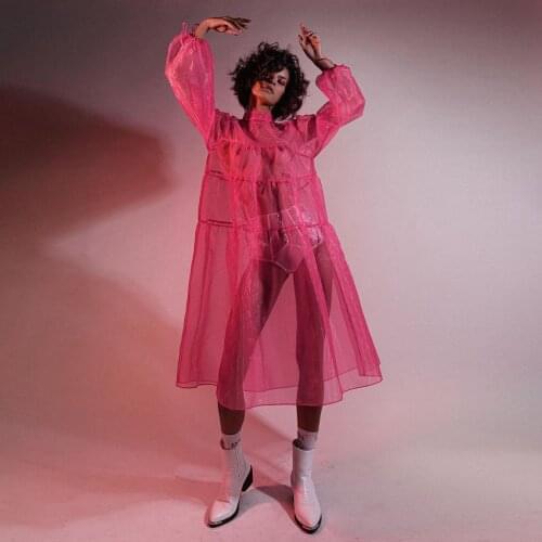 Fuchsia Sexy Simple Women Dress See Thru Knee Length Female Dress Long Sleeves Photography Party Dress Custom Made