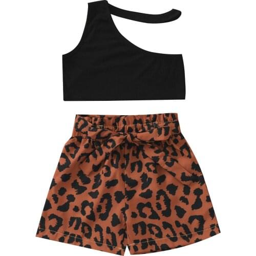 2021 Kid Little Girl’s Vest and Shorts Suit Fashion Solid Color One-shoulder Tops and Leopard Short Pants