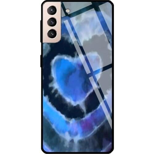 BLUE TIE DYE HEART Tempered Glass Cover For Samsung Galaxy S21 Ultra S20 FE S8 S9 S10 Plus Note 10 20 Case