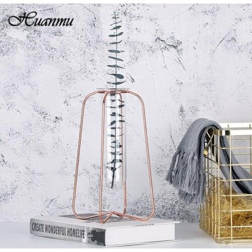 Electroplated Iron Bracket Vase Nordic Style Transparent Glass Test Tube Hydroponic Plants Desktop Golden Flower Arrangement