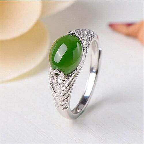 Ethnic Style Imitated Hetian Jade Ring Inlaid Green Chalcedony Jewelry Opening Adjustable Innovative Jewelry Rings Accessories