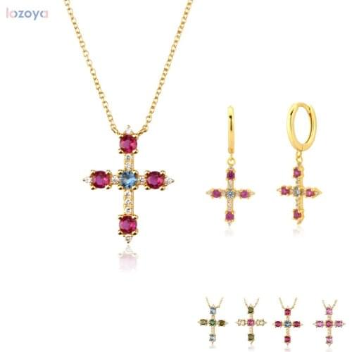 Lozoya 925 Sterling Silver Jewlery Set Gift Gold Colorful Summer Rainbow Cross Cross Pendiente Drop Earring Necklace For Women