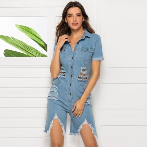 Lugentolo Ripped Jean Rompers Womens Jumpsuit Shorts Short Sleeve Sexy Slim Single Breasted Women Clothing