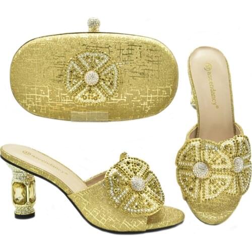 Sweet Elengant Golden Color Ladies Shoes and Bag Set Decorated With Flower Matching Italian Party Slippers Comfortable