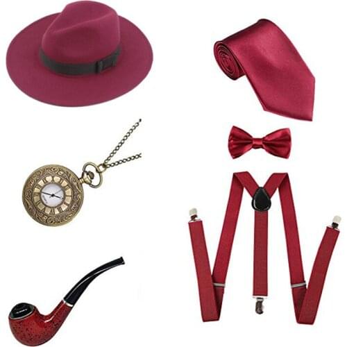 Cosplay Costumes Mens Roaring 1920s Set Manhattan Fedora Hat,Y-Back Suspenders & Pre Tied Bow Tie Gangster Tie Vintage Watch