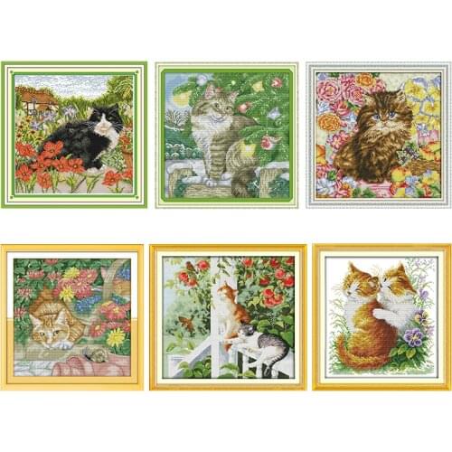 The Cat and Flower Cross Stitch Kits Stamped Patterns Counted 11CT 14CT Printed Handmade Needlework Embroidery Decor Arts Sewing
