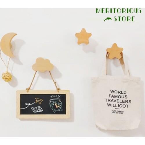 Nordic Style Star Moon Shape Hooks Wall Decoration Wooden Hanger for Towels Coat Bags Storage Haning Hook