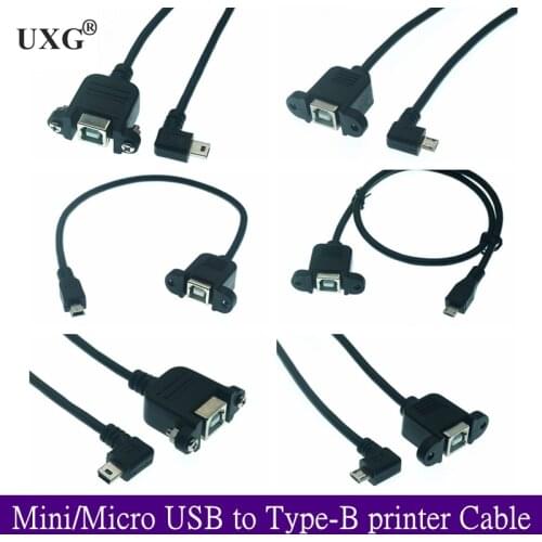 New USB 2.0 B female socket scanner printer panel mounted to USB Mini Micro B 5-pin 90 degree male cable best quality 30cm 50cm