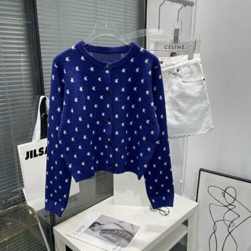 Autumn and winter new womens five pointed star cardigan coat round neck single breasted design covered with white stars