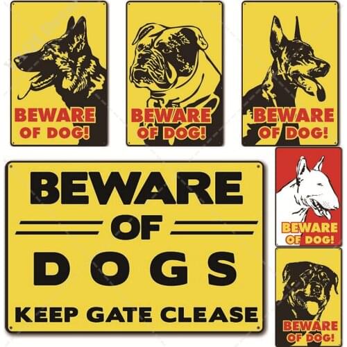 Beware of Dogs Vintage Poster Bulldog Metal Tin Signs Pub Bar Cafe Home Decoration Pug Labrador Wall Art Plate