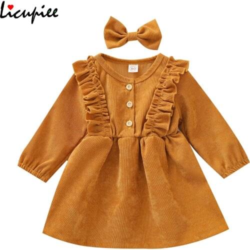 Baby Girl Dress, High-waist Midi, Long Sleeve Round Collar Ruffle Buttons Princess Pleated Fall Skirt Headband 1-5 Years