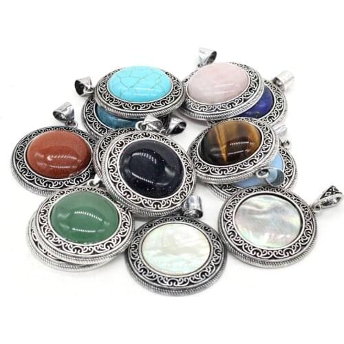 Natural stone Pendant Turquoise Metal Alloy Vintage Round Exquisite charms For jewelry making DIY Necklace accessories 38x42mm