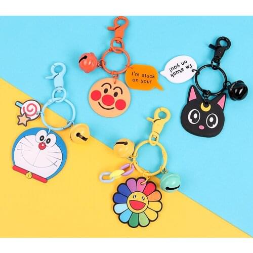 Kiten Cat smiling face Bell sun flower key Resin Rubber bag pendant key chain key ring pompom llaveros para hombre