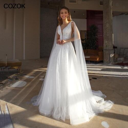 Luxuriant A Line Wedding Dresses Beading V Neck Lace Appliques Bridal Gown With Long shoulder Shawl Sleeves Vestido De Noche