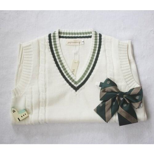 Twisted Knitting Spring V-Neck Vest Japanese JK School Uniform Sleeveless Sweater Cotton Tops Color White with Tea Green Lines