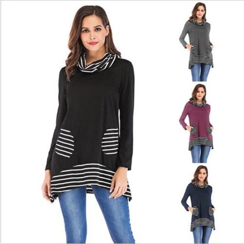 Women Harajuku T Shirt Striped Women Long Sleeve T-shirt Turtleneck Female T-shirt Summer Elegant Loose Casual Tees Tshirt Top