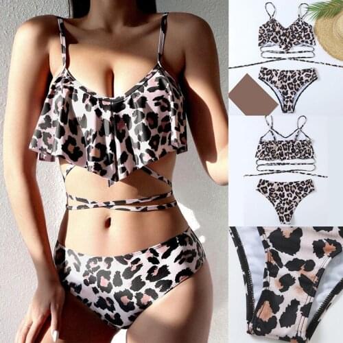 Womens Leopard Print Bikini 2-Piece Sexy Mid-High Waist Split Swimsuit Black