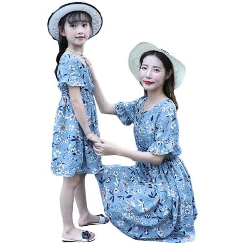 Mother Daughter Family Matching Outfits Short Sleeve Floral Dress Summer Chiffon Girl Women Boho Loose Dresses Sundress Clothes