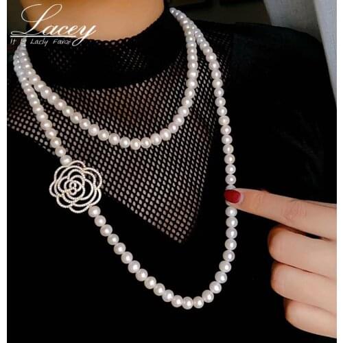 Freshwater Pearl Wedding Necklace For Women,White Real Pearl Necklace Jewelry Long Sweater Necklace Flower Gift
