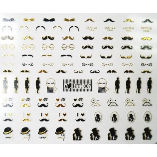 GOLD SILVER SELF ADHESIVE 3D NAIL ART STICKER TATTOO STARS CHAIN MUSTACHE GLASSES LETTER ALPHABET HT007-012